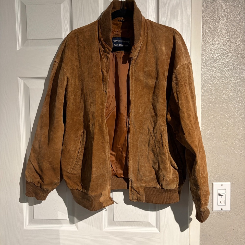 Norm Thompson Mens Vintage Brown Suede Leather Bomber Jacket 40 Reg Full Zip